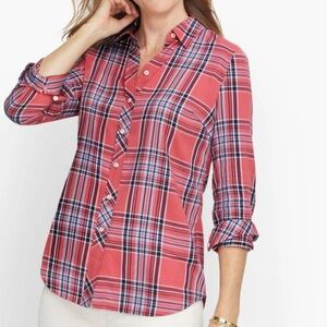 Talbots Classic Cotton Shirt Long Sleeves Button Up Red Plaid Size XS Preppy